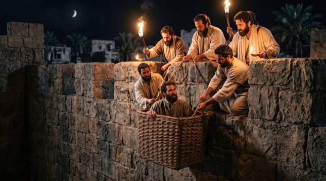 Saul apostle of Christ escaping Damascus. Group of men lowering a man in a woven wicker basket from a stone city wall at night with torches. Biblical scene based on Acts of Apostles.