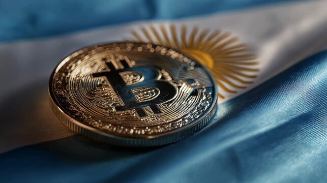 argentinian flag with bitcoin coin lying on it