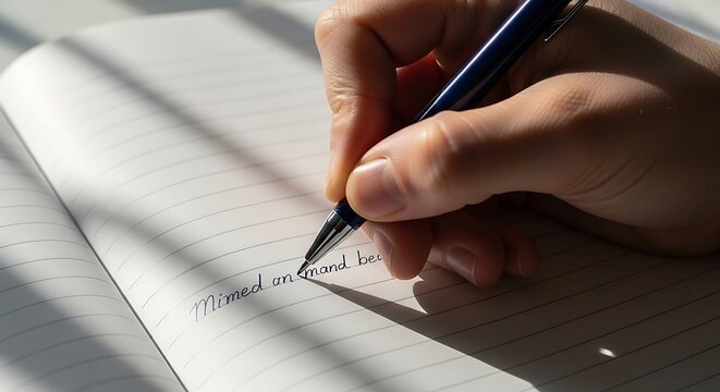 hand writing timed on command text in notebook with black pen close-up soft lighting
