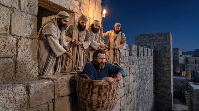 Disciples helping man escape from city wall in basket. Biblical scene based on Acts 9 depicting Paul the Apostle lowered in basket at night. Historical reenactment of religious event.