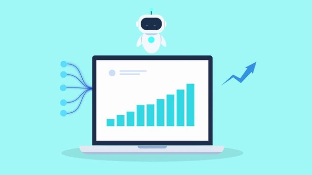 Animated laptop displaying rising data chart connected to cloud system with upward arrow icon, representing business growth, analytics insights, and performance tracking.