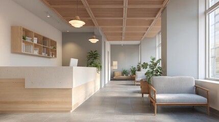Obraz premium Modern and spacious reception area in a modern office or reception area. the room has a high ceiling with wooden beams and large windows on the right side, allowing natural light to enter the space.