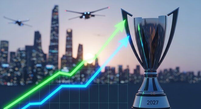 Silver Trophy Standing Beside Rising Growth Chart in Futuristic City Skyline