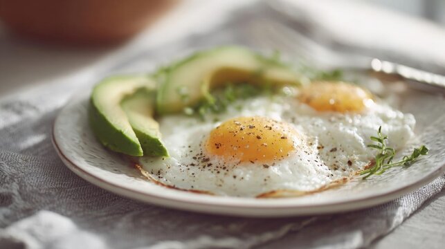 Plate of food with two fried eggs on it. the plate is white with a floral pattern and is placed on a gray tablecloth.