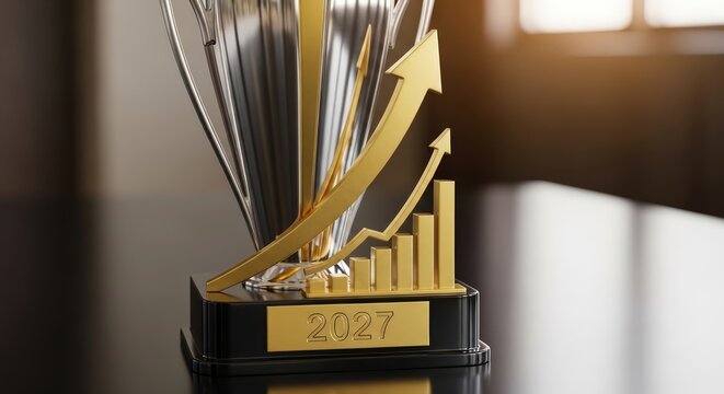 Golden 2027 Growth Trophy Displayed on Reflective Office Table