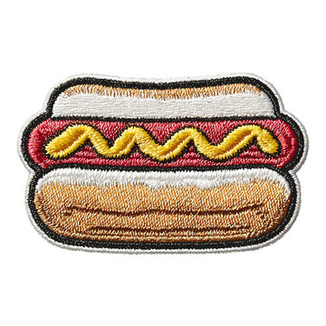 Embroidered patch of a classic hot dog with mustard on a bun