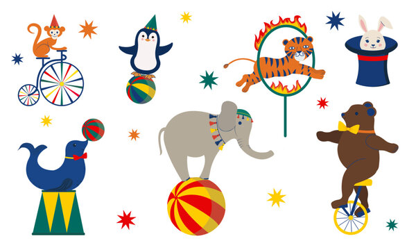 Circus Animals Vector Set &ndash; Cute Cartoon Elephant, Tiger, Bear, Monkey, Seal, Penguin Performing Tricks, Kids Illustration