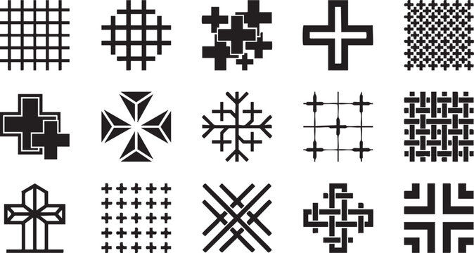 Cross patterns and grid textures set consisting of various linear and geometric shapes.