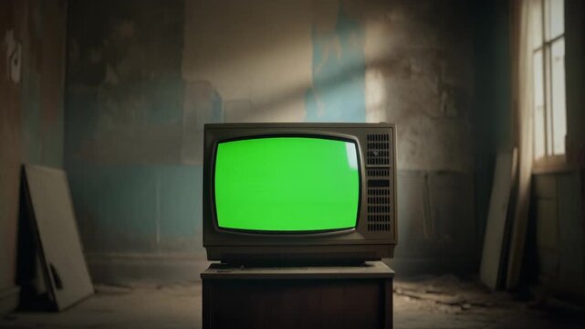 Television with Green Screen for Post Production Cinematic Interior Abandoned Building Chroma Key Editing Concept