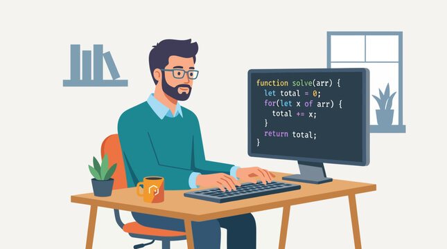 Focused Male Developer Creating Software Code and Programming on a Desktop Computer in a Modern Workspace