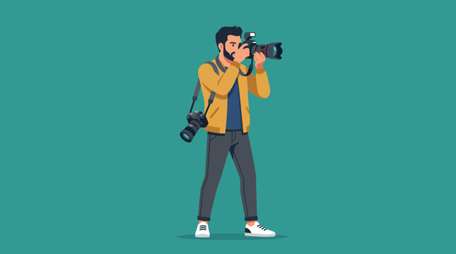 Professional male photographer capturing moments with a modern digital camera in a minimalist style