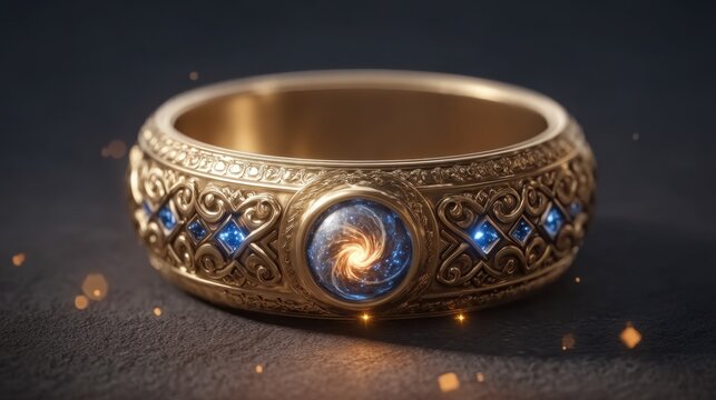 Intricate Gold Ring with Cosmic Design Surrounded by Sparkling Blue Gems and Detailed Patterns in a Classic Close-up Shot