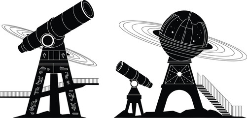 Futuristic Observatory Telescope Silhouette with Cosmic Rings Space Architecture and Astronomical Fantasy Vector Illustration © MstUmme