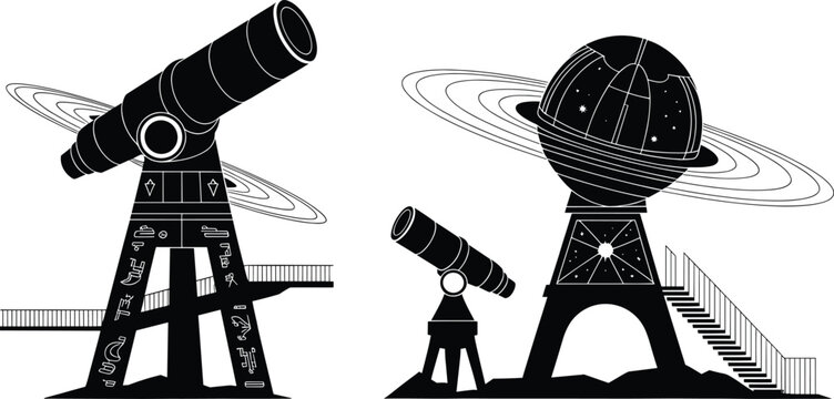 Futuristic Observatory Telescope Silhouette with Cosmic Rings Space Architecture and Astronomical Fantasy Vector Illustration