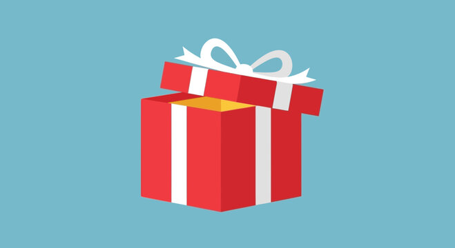 Open Gift Box with Ribbon and Bow on Blue Background