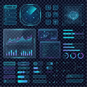 Futuristic holographic interface elements and data visualization with charts, graphs, and icons on a transparent background