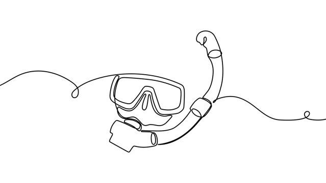 Continuous one line scuba sport water sea illustration vector hand. Scuba diving equipment ocean summer beach design isolated drawing concept mask white sketch vocation diver underwater holiday oxygen