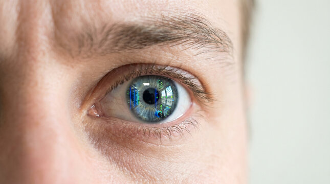 Human eye reflection detail AI data centers IT words + concept