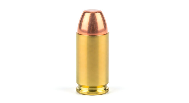 A single gold bullet with a copper tip standing upright on a white background