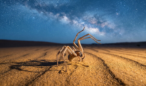 Moroccan flick-flack spider under starry desert sky at night