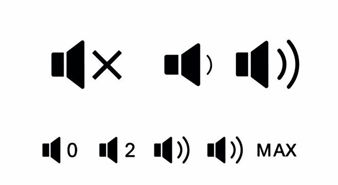 A set of black volume and speaker icons showing mute and varying loudness levels for user interface designs