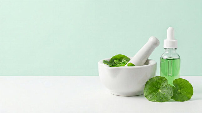 Centella asiatica herbal extract banner with mortar, fresh leaves and dropper bottle. For skincare ads, ingredient stories, wellness branding, packaging and web banners.