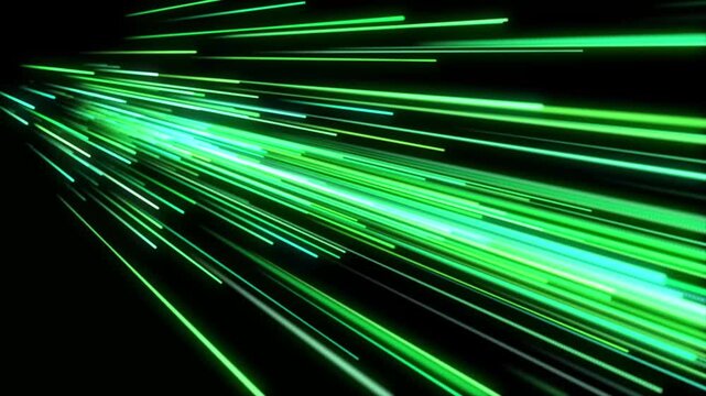 Bright green streaks race across a black void