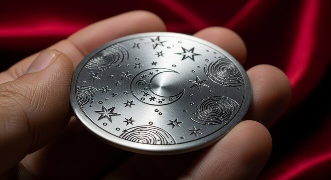Close-up of hand holding a celestial metallic disc