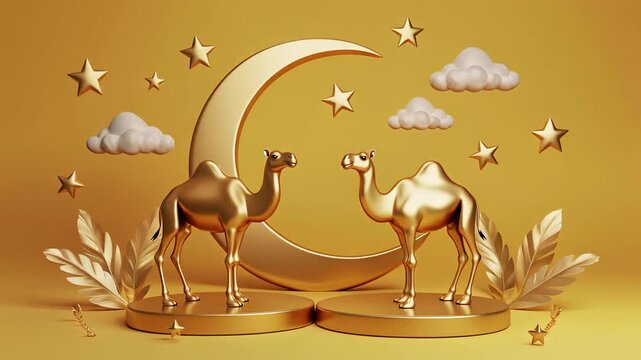Golden camels beneath crescent moon and stars, framed by clouds and decorative leaves.