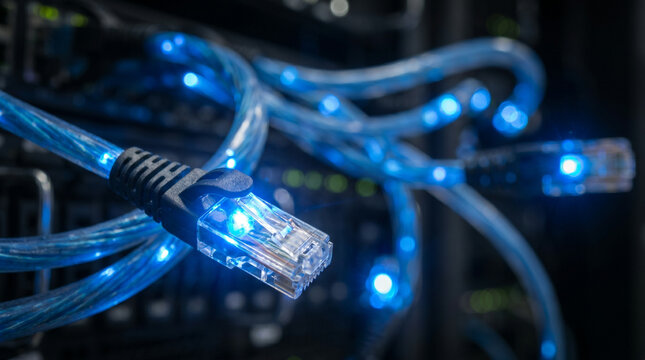 Glowing ethernet cables closeup AI data centers IT words + concept