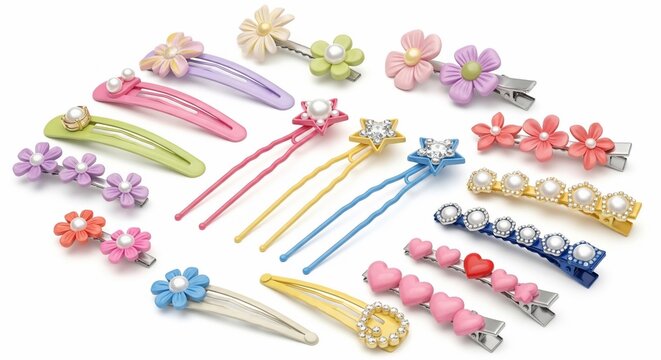 colorful floral hair clips and barrettes set on white background for spring fashion