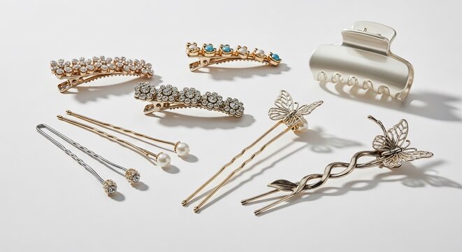 assorted hair clips and barrettes on white background