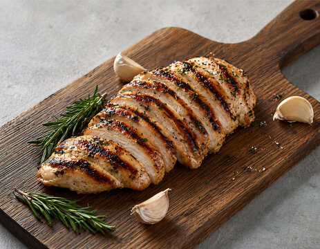 Sliced Grilled Chicken Breast on Wooden Board with Herbs