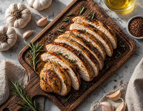 Sliced Grilled Chicken Breast with Garlic and Herbs Top View