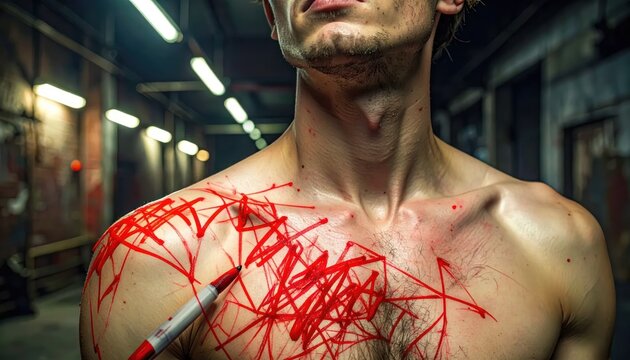Man with Red Tattoo on Chest.