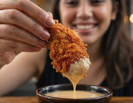 Close Up of Crispy Chicken Strip Dipped in Creamy Sauce