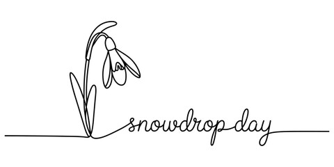 Continuous one line drawing of a snowdrop flower with the handwritten text snowdrop day for spring season celebration and greeting cards Vector, illustration © Single Line Art