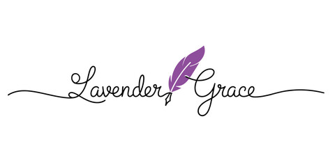 Elegant lavender grace calligraphy logo design with a purple feather quill pen icon for creative writing and boutique branding labels Vector, illustration © Single Line Art