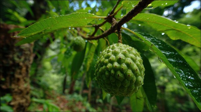 Green soursop fruit hanging on branch with water drops