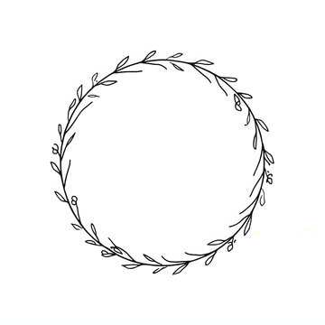 Delicate floral wreath circle fine line art symmetrical botanical design black and white elegant.