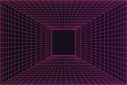 Neon pink grid tunnel receding into a dark void with a central black square abstract background