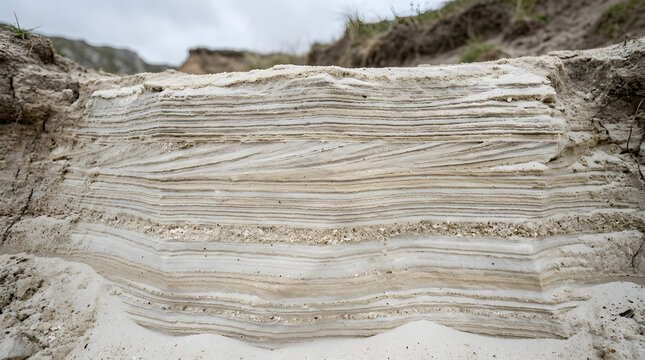 Cross section of layered sand dunes showing geological stratification