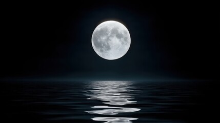 Obraz premium Captivating Full Moon Over Tranquil Water at Night with Striking Reflection Under the Dark Sky in a Bright and Dreamy Atmosphere
