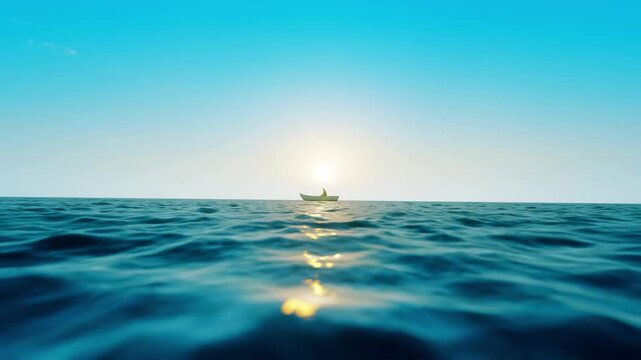 Sun glints on ocean's surface, distant yacht sails ahead