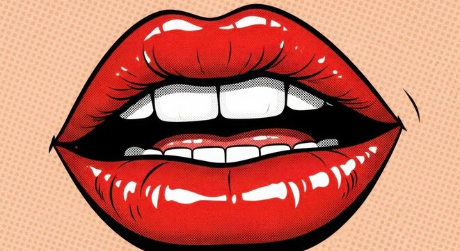 Pop art red lips open mouth showing white teeth with the style evokes comic book art illustration expression digitally