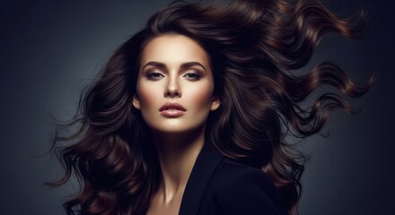 Fototapeta premium Glamorous woman with voluminous dark wavy hair voluminous hairdressing hairstyle glamorous portrait luxurious
