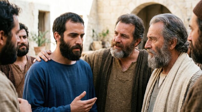 Barnabas introducing Paul to the apostles in Jerusalem. Biblical scene of early Christian disciples gathering. Historical reenactment of the Acts of the Apostles, religious narrative.