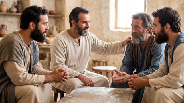 Barnabas brings Saul to the apostles in Jerusalem. Biblical scene showing men in ancient robes talking and meeting together. Historical reenactment of the early church ministry.