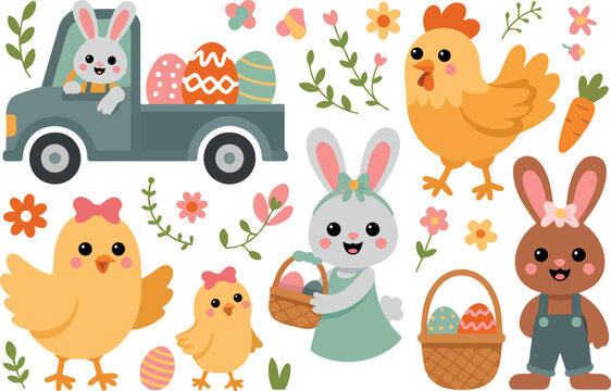 Cute cartoon Easter animals seamless pattern set rabbit chicken bird owl squirrel vector illustration kids design