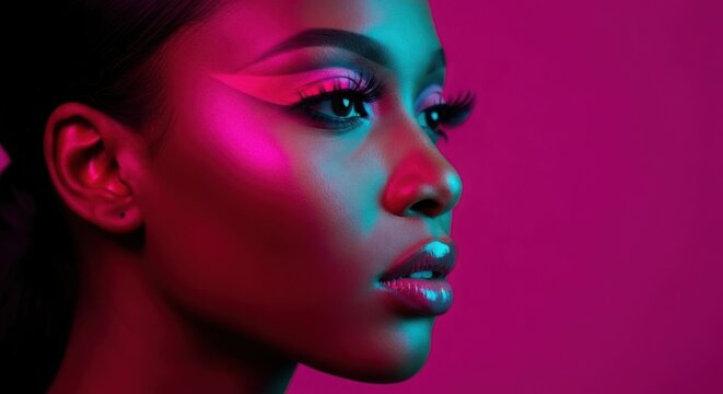 Close-up of a woman's face with dramatic pink and teal neon lighting and bold makeup eyelashes eyeshadow lipstick